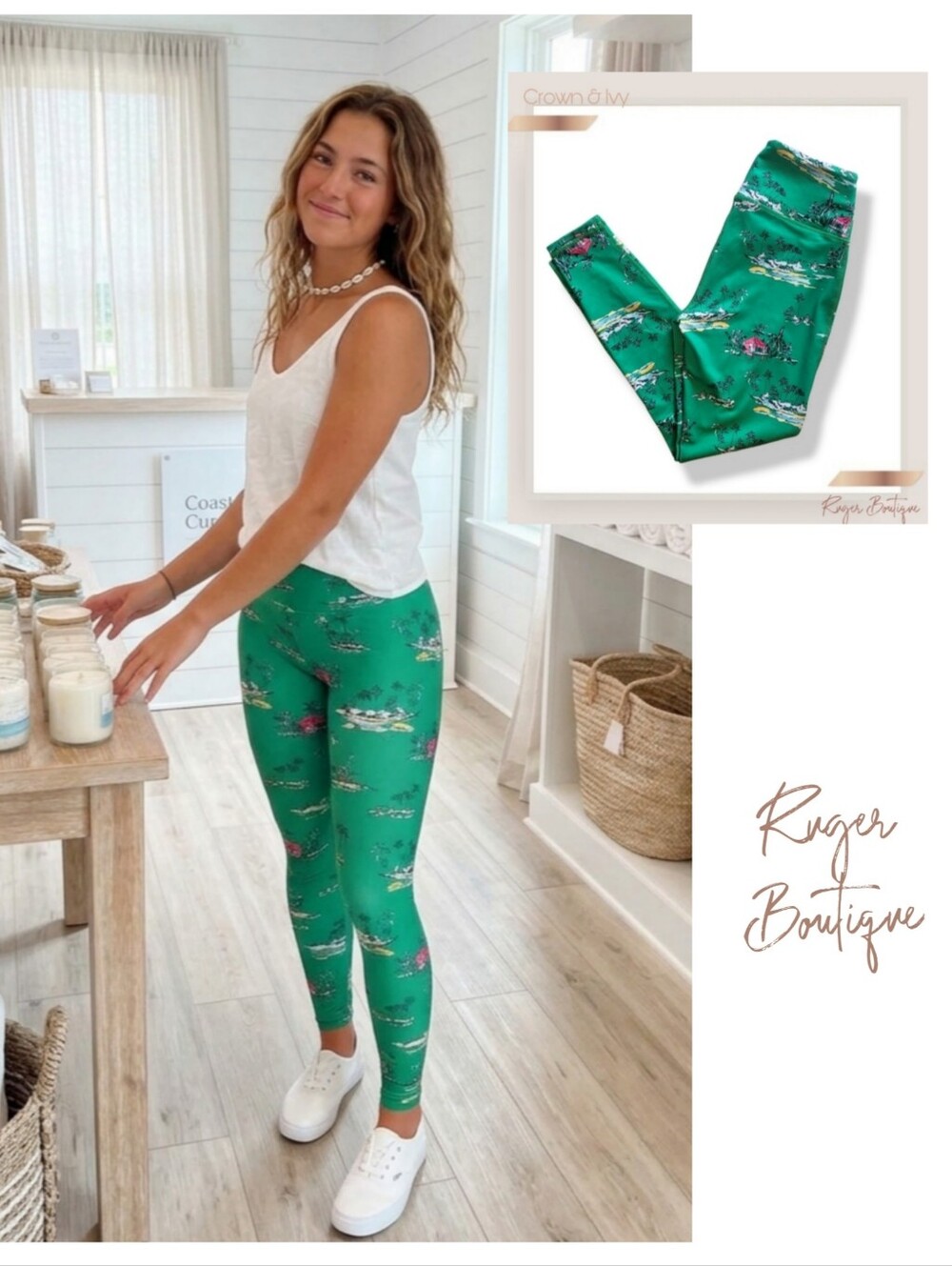🌿Crown & Ivy Green Tropical Palm Tree Athletic Leggings Size Small